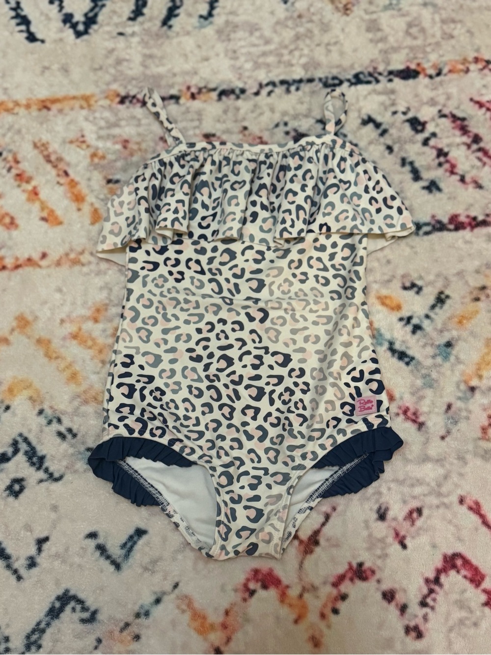 Ruffle Butts Cream Leopard Print One-Piece Swimsuit with Navy Ruffle Trim